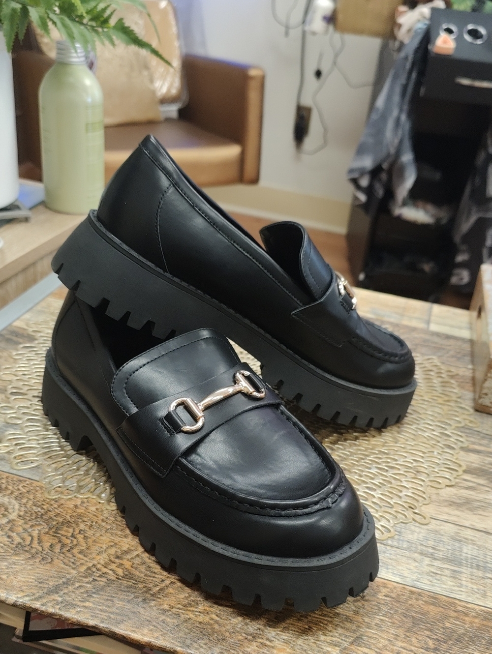 Designer Black Lug Sole Leather Loafers with Gold Horse Bit Hardware